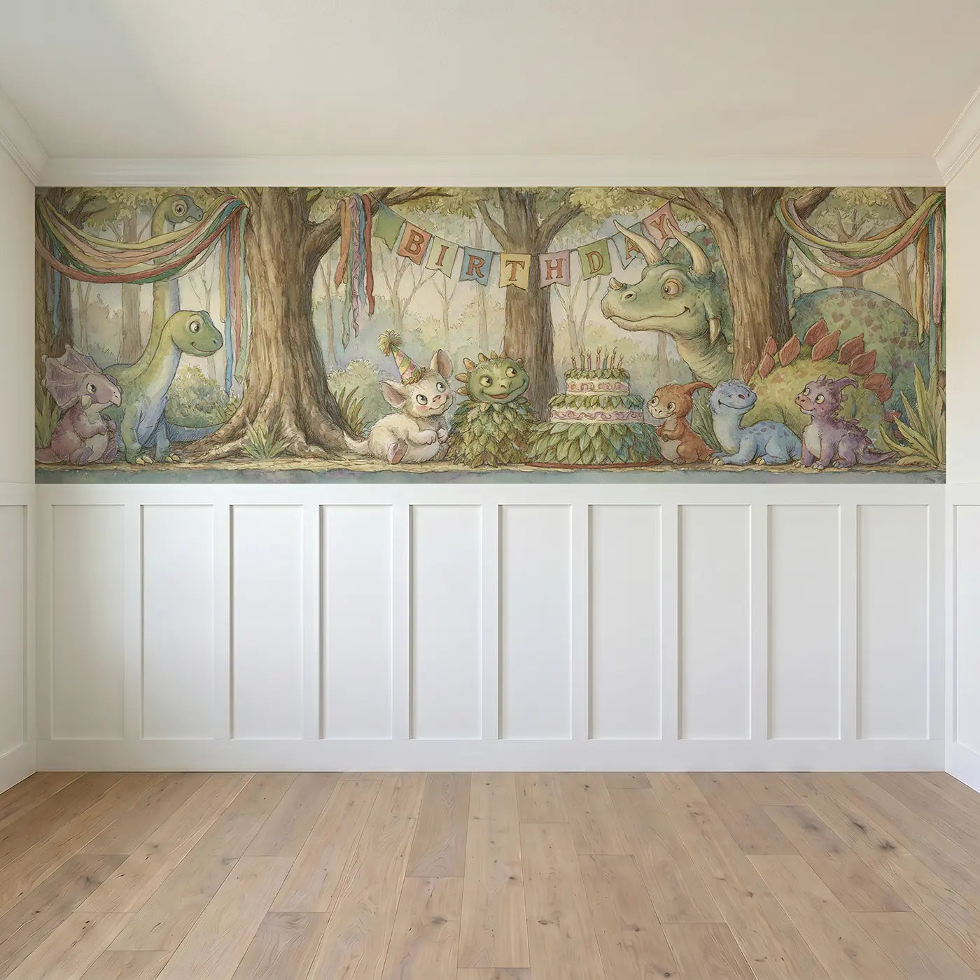 Full panel view of Dinosaur Birthday Party Jungle Wainscoting Wallpaper by Whimsy Tots
