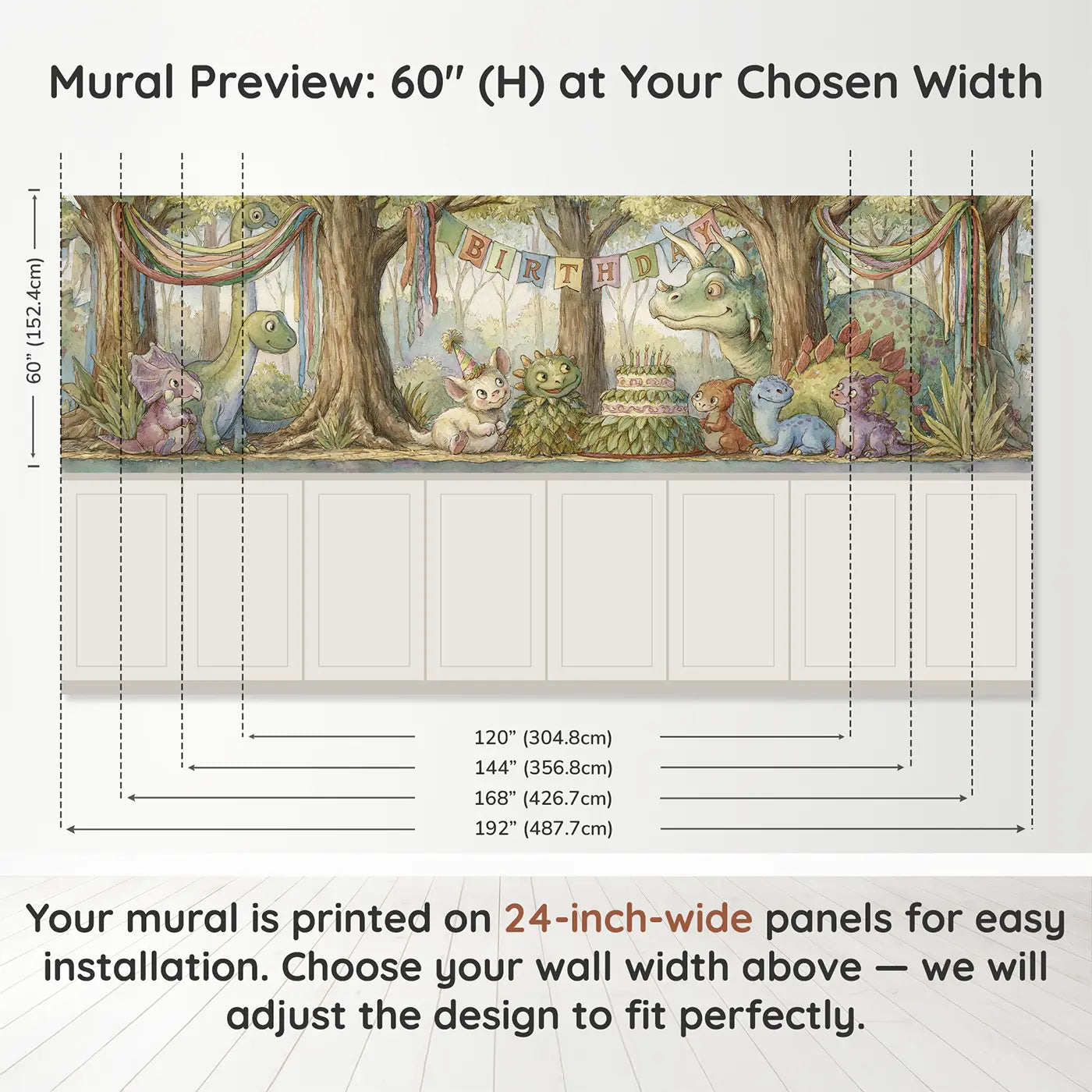 Panel dimensions for Dinosaur Birthday Party Jungle Wainscoting Wallpaper by Whimsy Tots