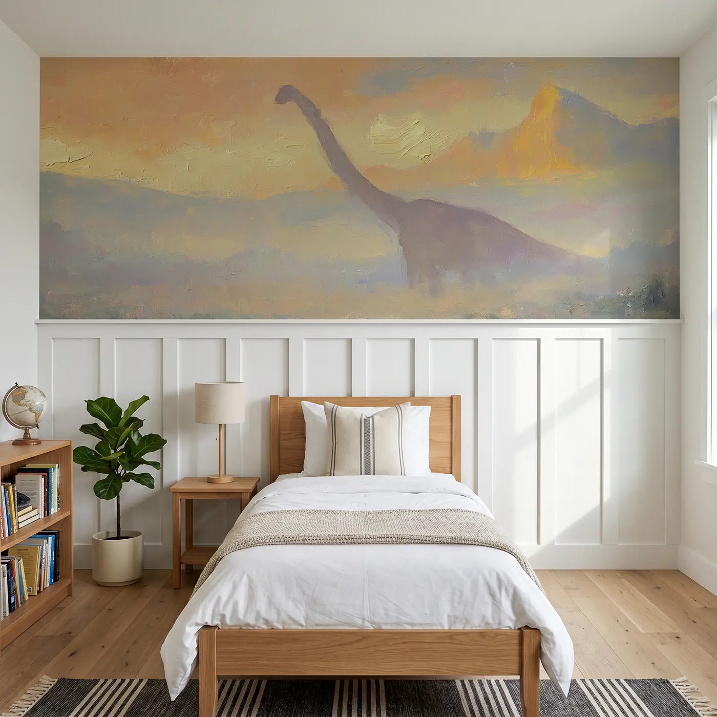 Painted Landscape sauropod sunrise valley wainscoting wallpaper for bedroom by Whimsy Tots.
