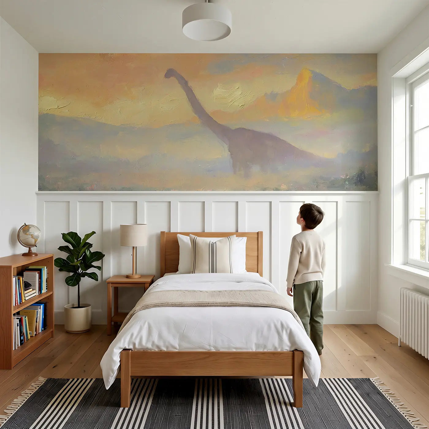 Child reading near Sauropod Sunrise Valley Oil Wainscoting Wallpaper by Whimsy Tots