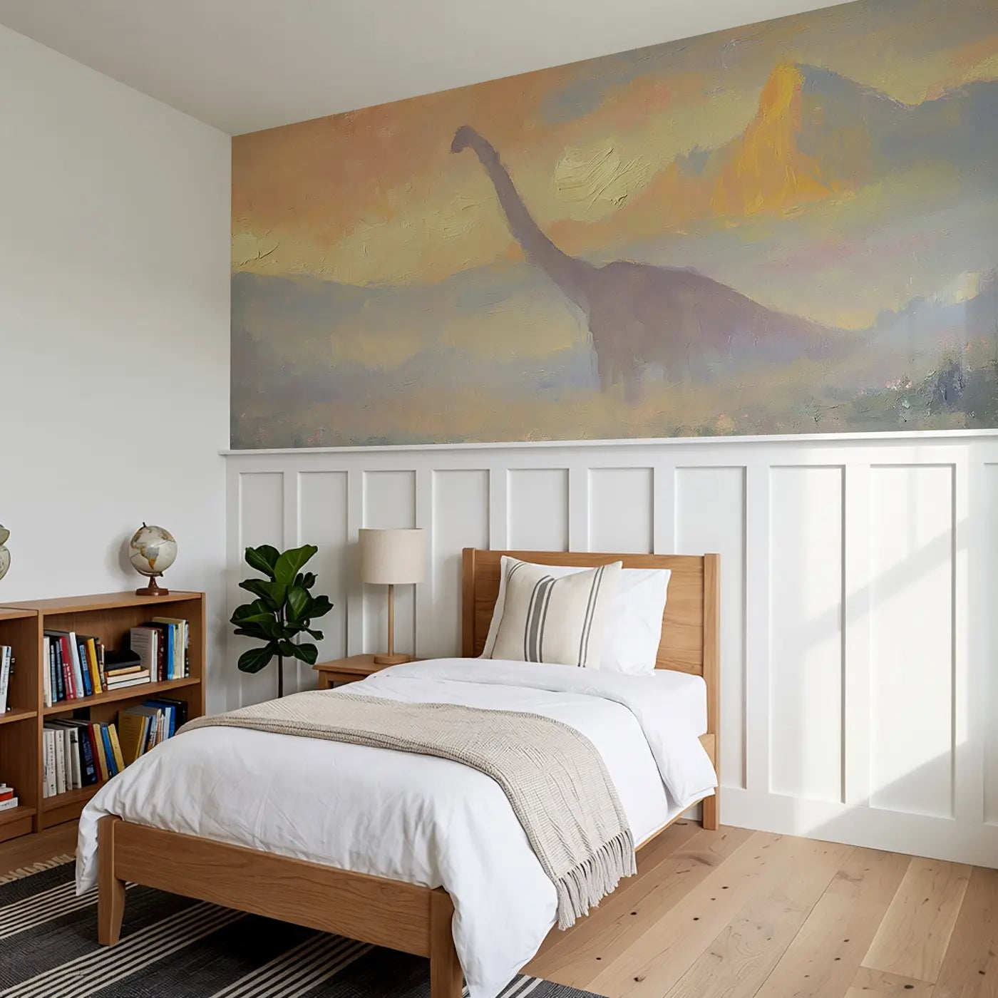 Sauropod Sunrise Valley Oil Wainscoting Wallpaper styled in a kids bedroom by Whimsy Tots