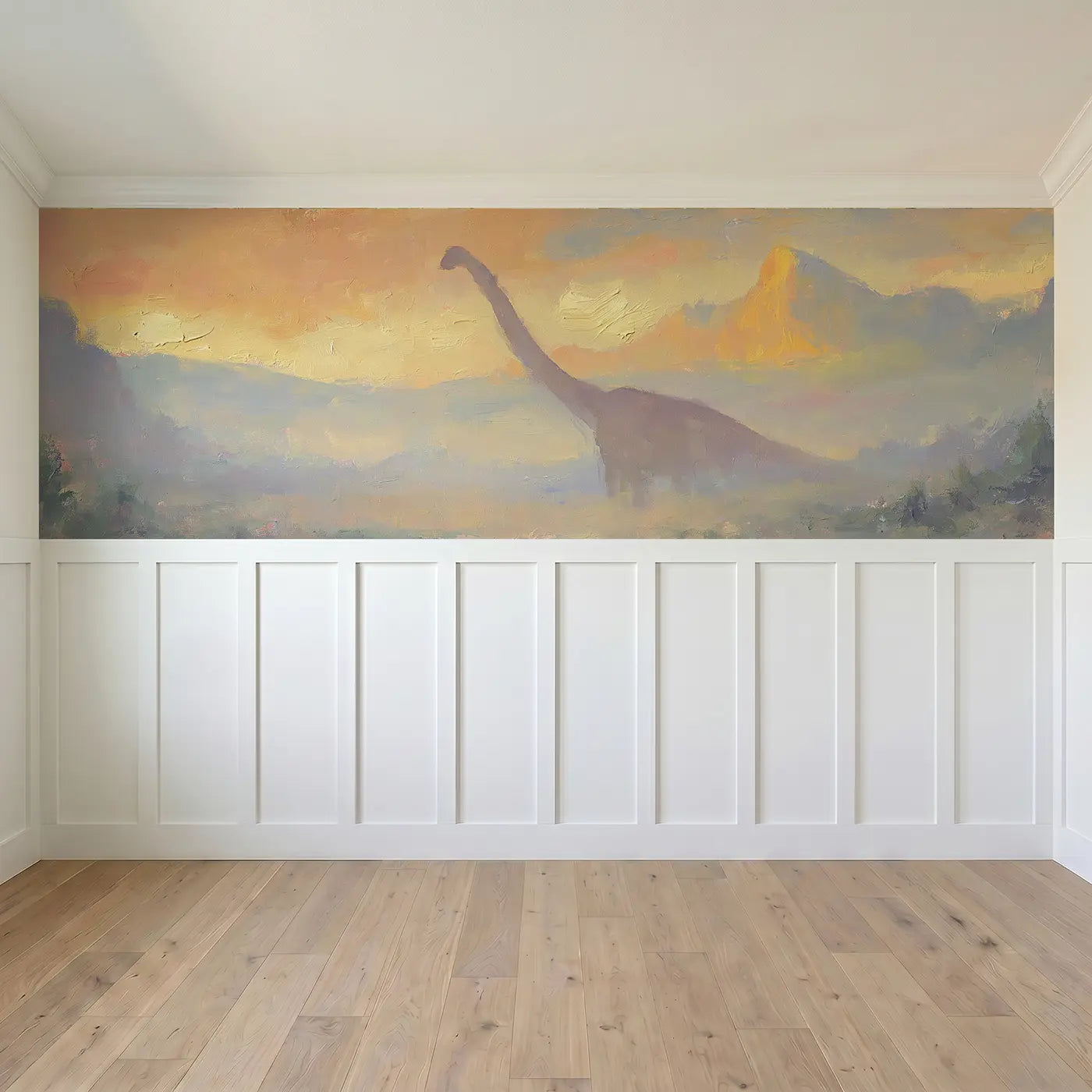 Full panel view of Sauropod Sunrise Valley Oil Wainscoting Wallpaper by Whimsy Tots