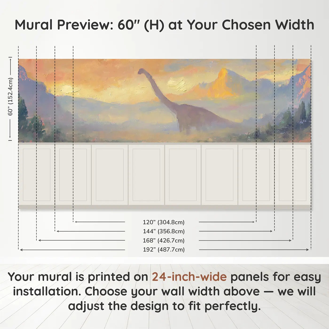Panel dimensions for Sauropod Sunrise Valley Oil Wainscoting Wallpaper by Whimsy Tots