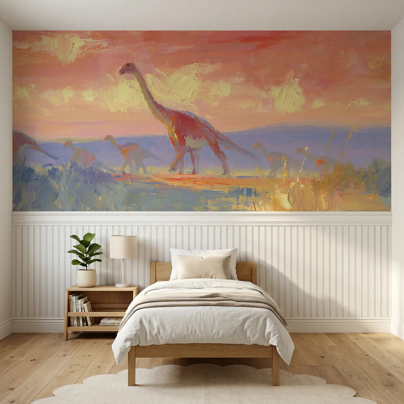 Painted Landscape dinosaur herd plains dusk wainscoting wallpaper for bedroom by Whimsy Tots.