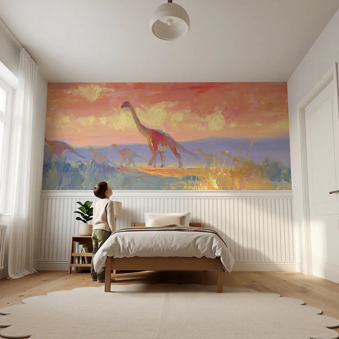 Child reading near Dinosaur Herd Plains Dusk Wainscoting Wallpaper by Whimsy Tots