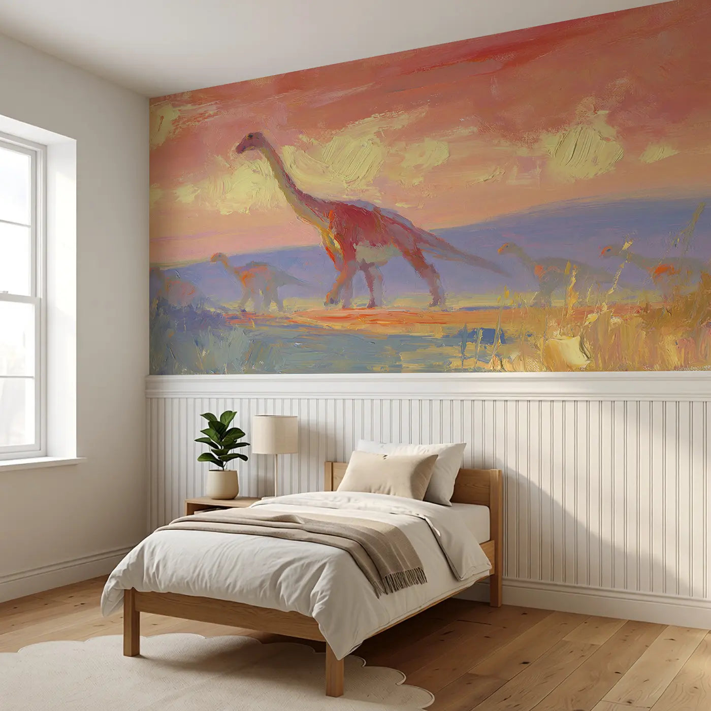 Dinosaur Herd Plains Dusk Wainscoting Wallpaper styled in a kids bedroom by Whimsy Tots