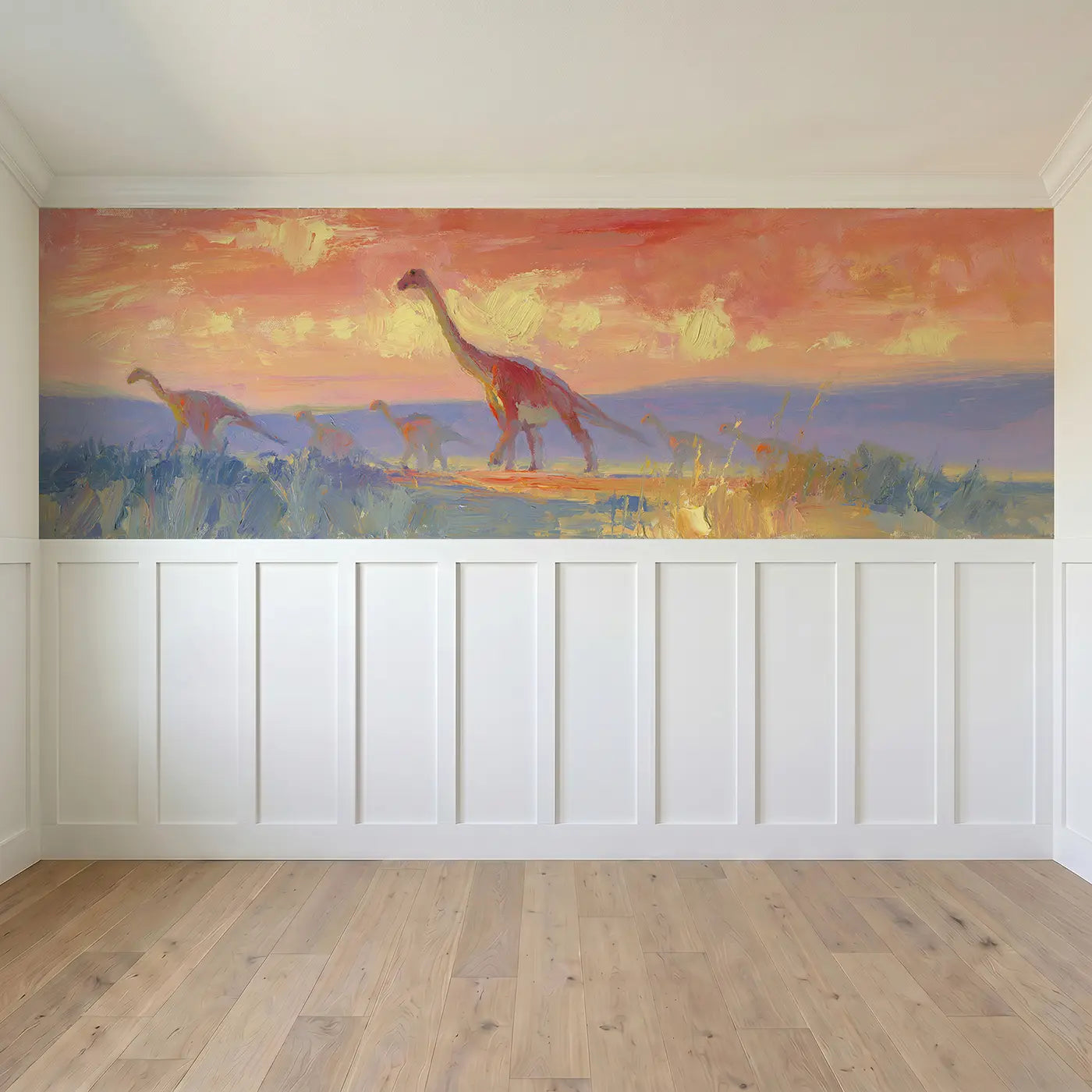 Full panel view of Dinosaur Herd Plains Dusk Wainscoting Wallpaper by Whimsy Tots
