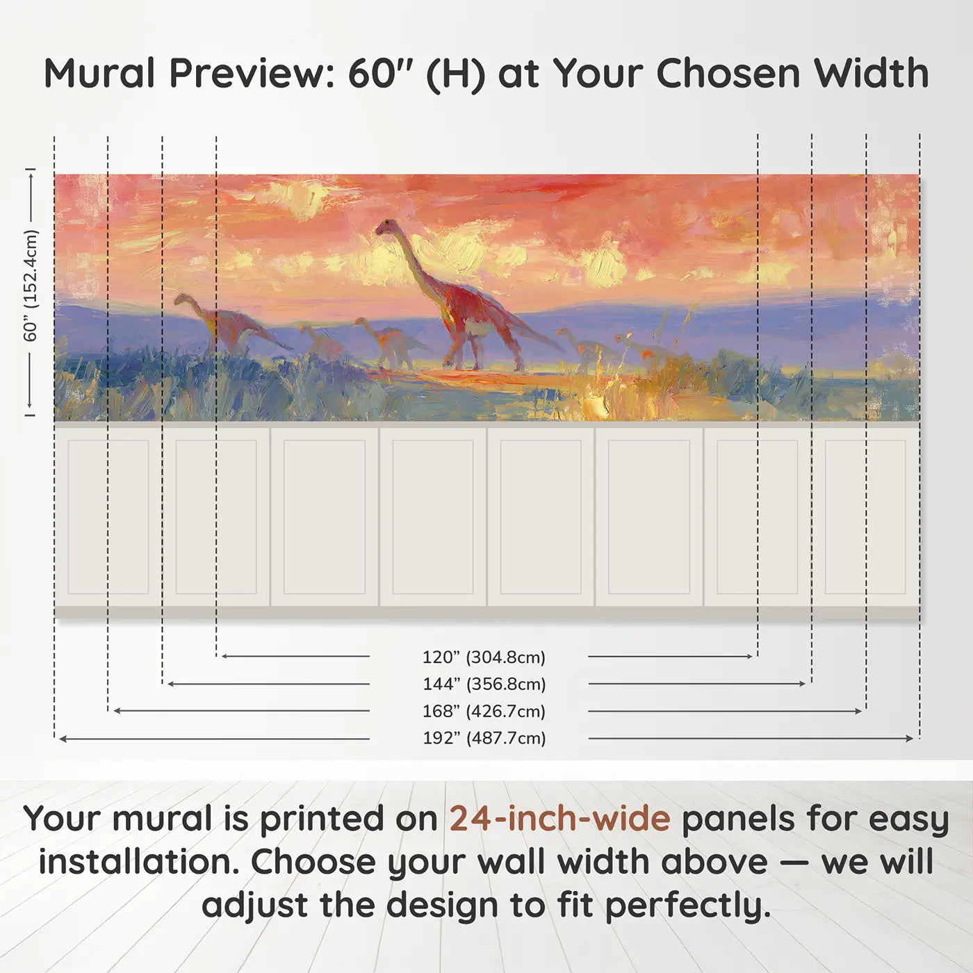 Panel dimensions for Dinosaur Herd Plains Dusk Wainscoting Wallpaper by Whimsy Tots