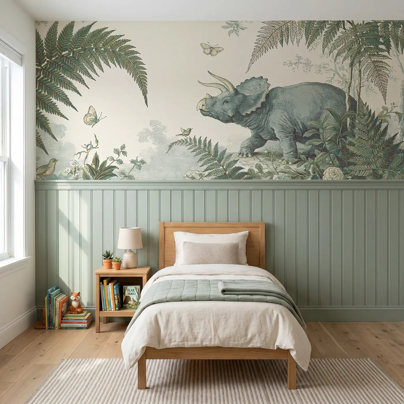 Botanical Elegance triceratops toile wainscoting wallpaper for bedroom by Whimsy Tots.
