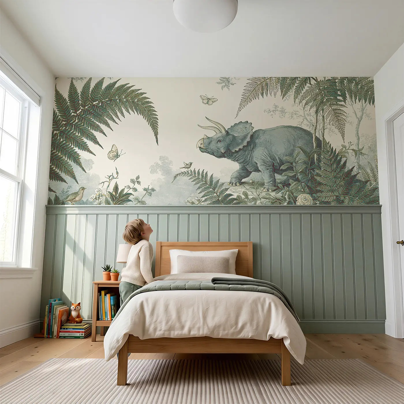 Child reading near Triceratops Botanical Toile Wainscoting Wallpaper by Whimsy Tots
