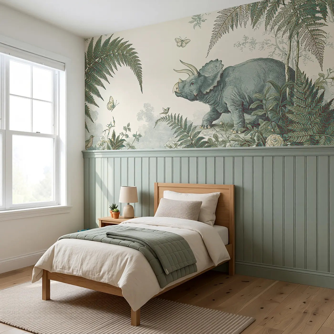 Triceratops Botanical Toile Wainscoting Wallpaper styled in a kids bedroom by Whimsy Tots