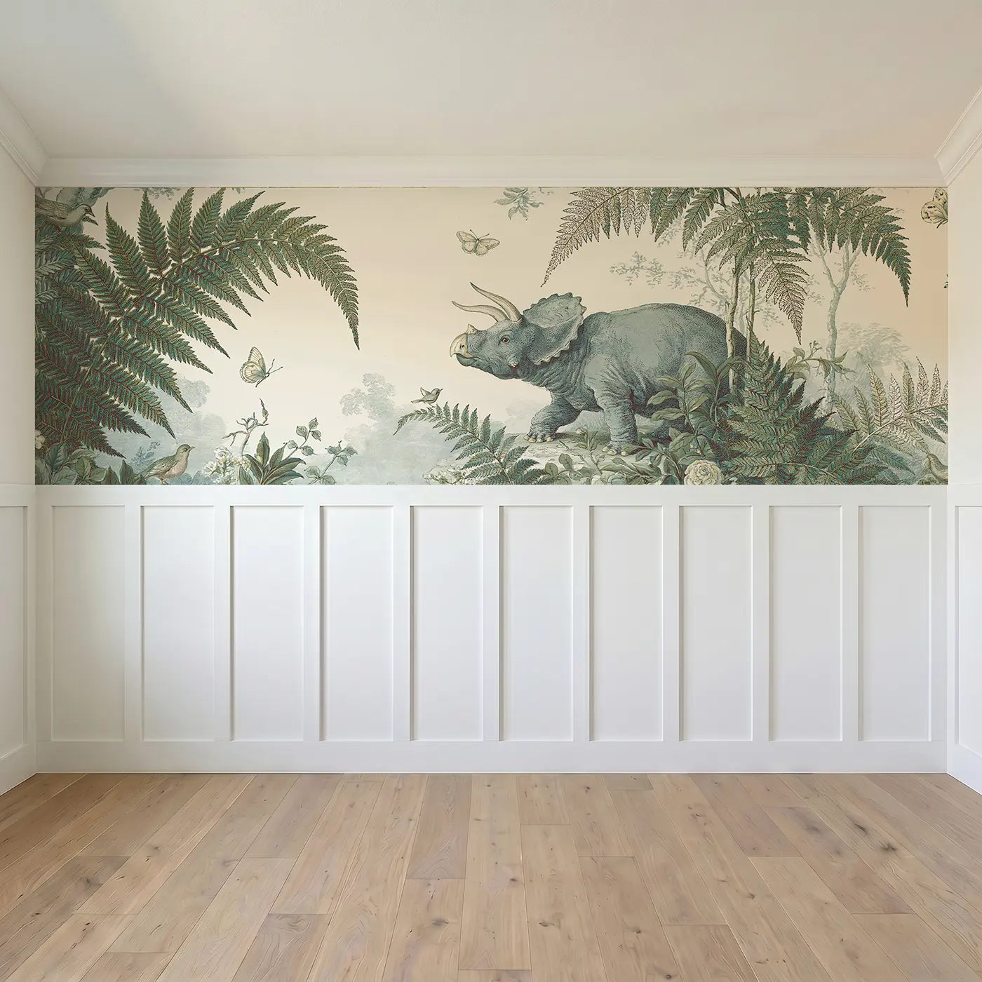 Full panel view of Triceratops Botanical Toile Wainscoting Wallpaper by Whimsy Tots
