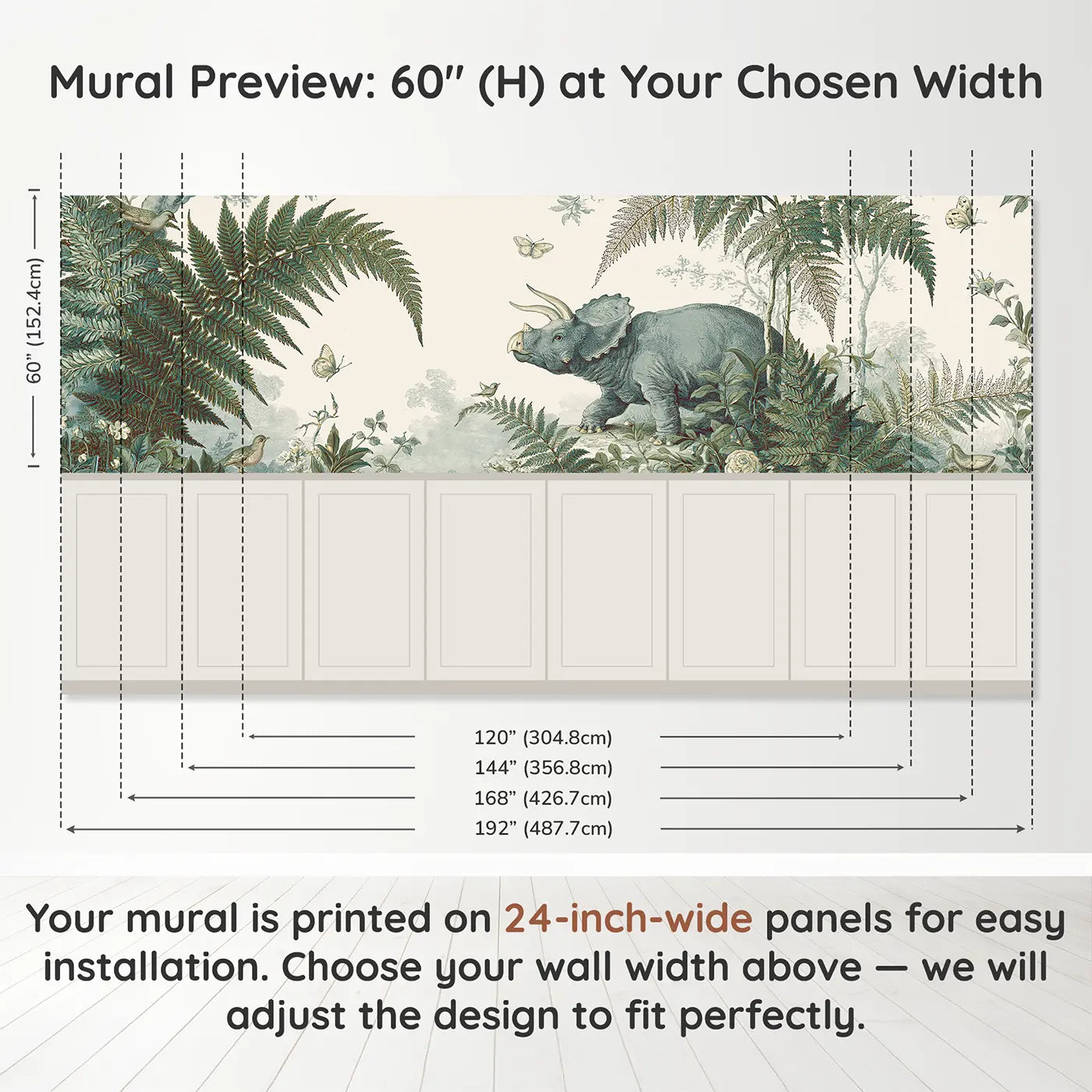 Panel dimensions for Triceratops Botanical Toile Wainscoting Wallpaper by Whimsy Tots