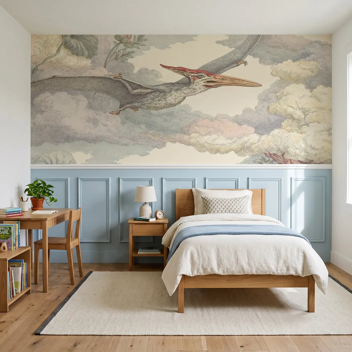 Botanical Elegance pteranodon cloud scroll wainscoting wallpaper for bedroom by Whimsy Tots.