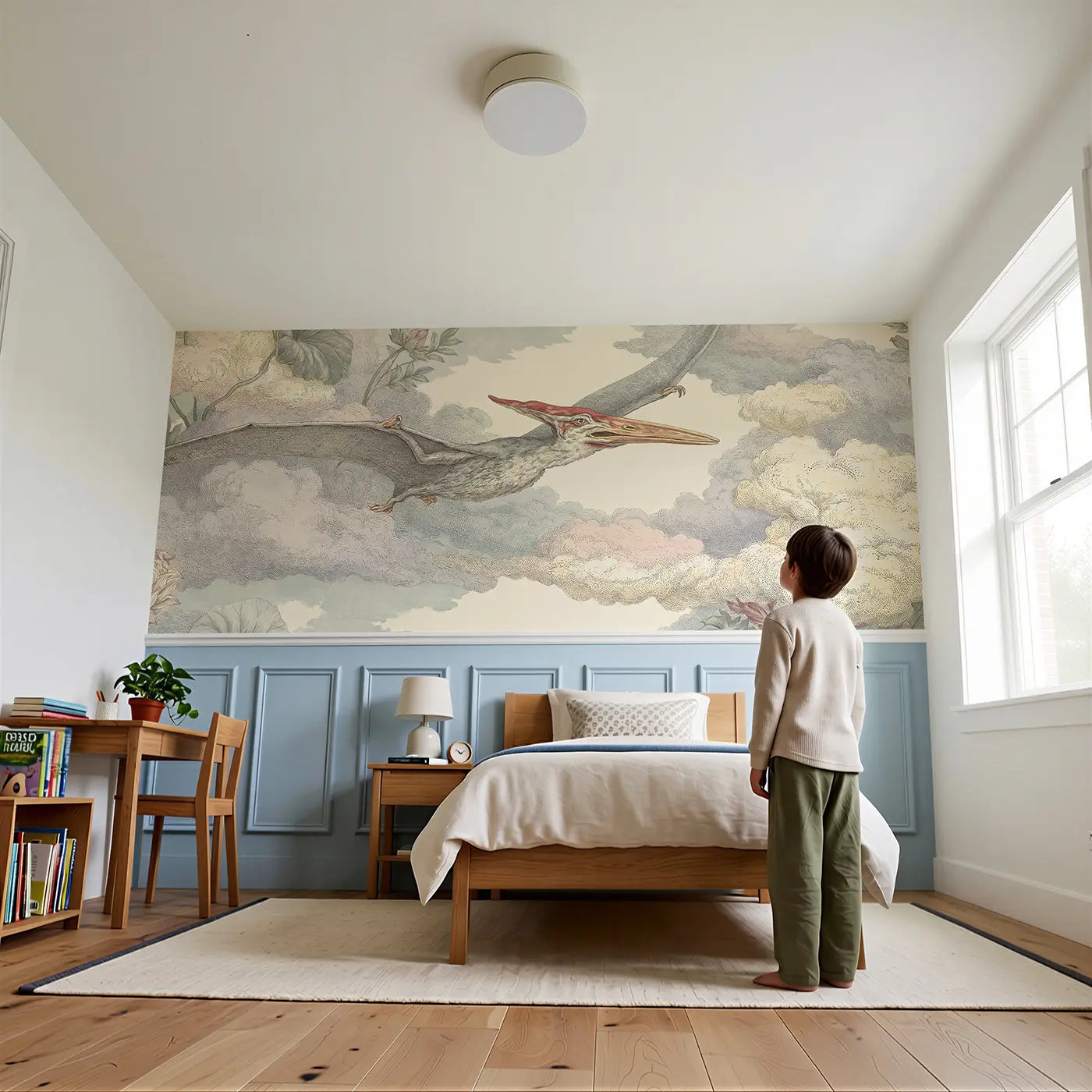 Child reading near Pteranodon Cloud Scroll Wainscoting Wallpaper by Whimsy Tots