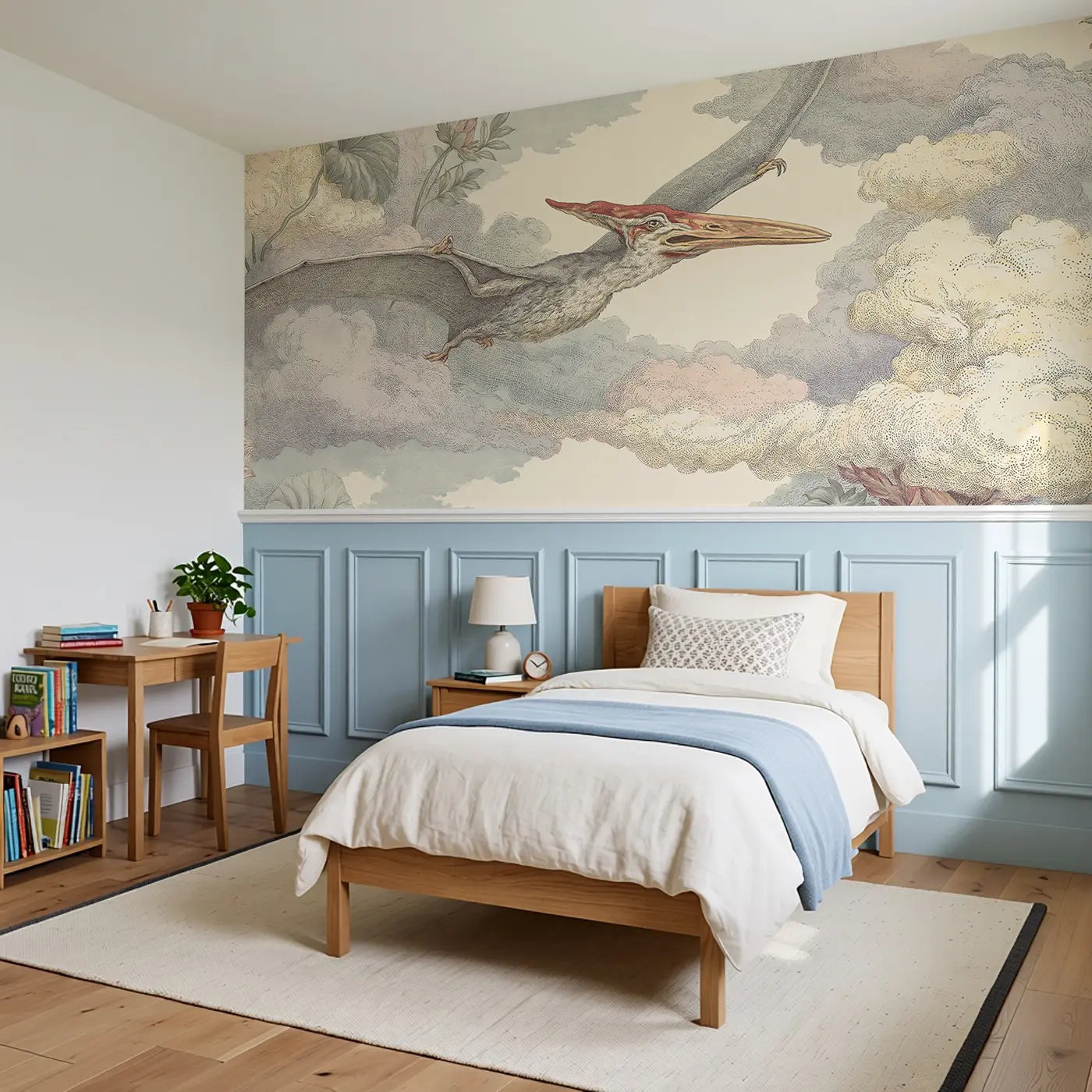 Pteranodon Cloud Scroll Wainscoting Wallpaper styled in a kids bedroom by Whimsy Tots