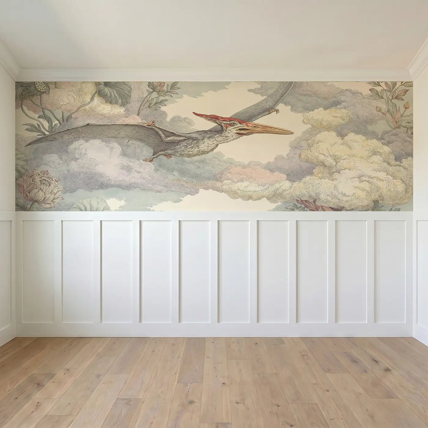 Full panel view of Pteranodon Cloud Scroll Wainscoting Wallpaper by Whimsy Tots