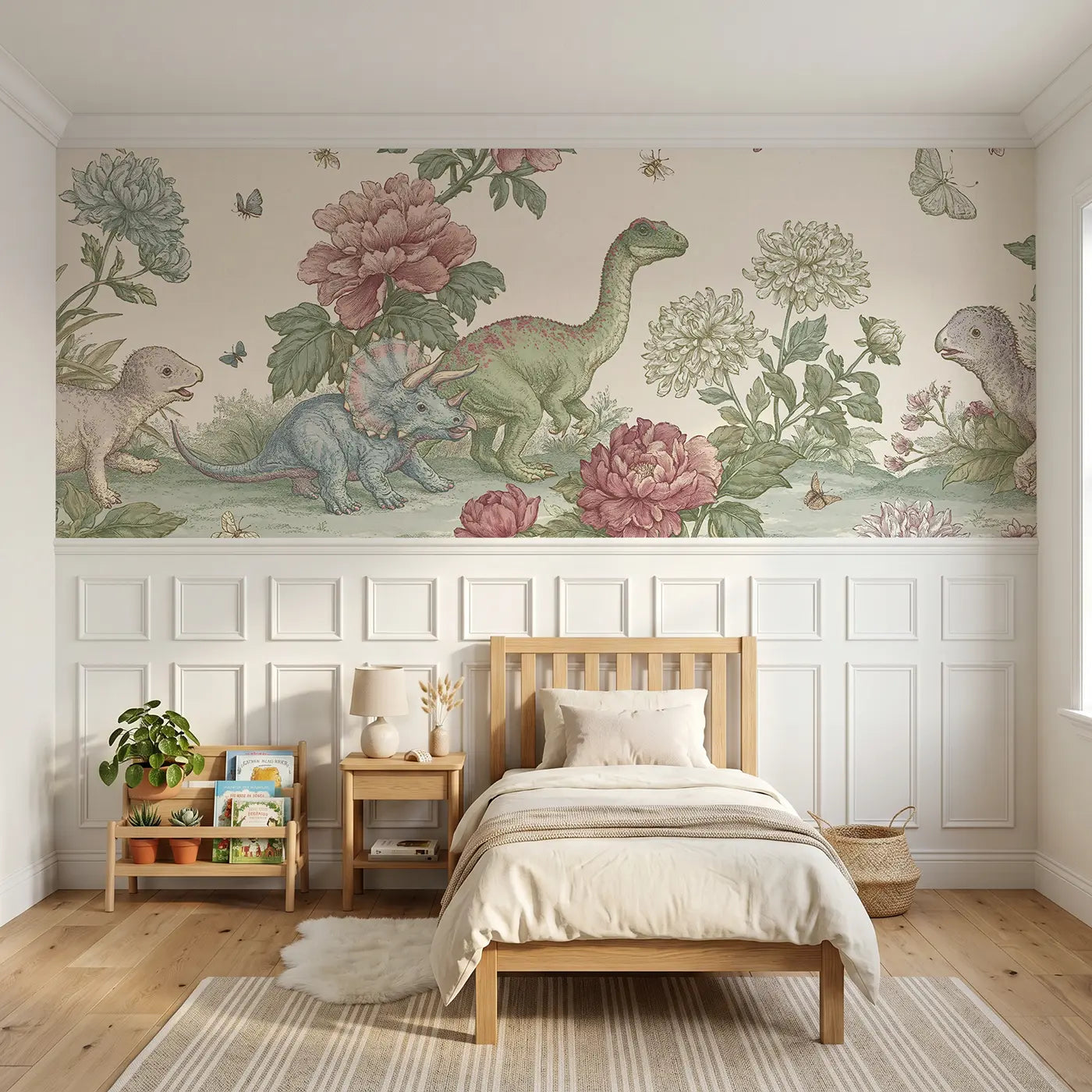 Botanical Elegance baby dinosaur flower garden wainscoting wallpaper for nursery by Whimsy Tots.