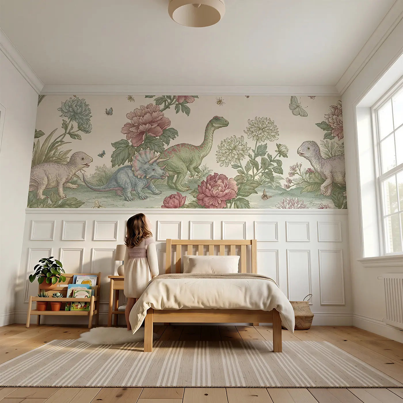 Child reading near Baby Dinosaur Flower Garden Wainscoting Wallpaper by Whimsy Tots