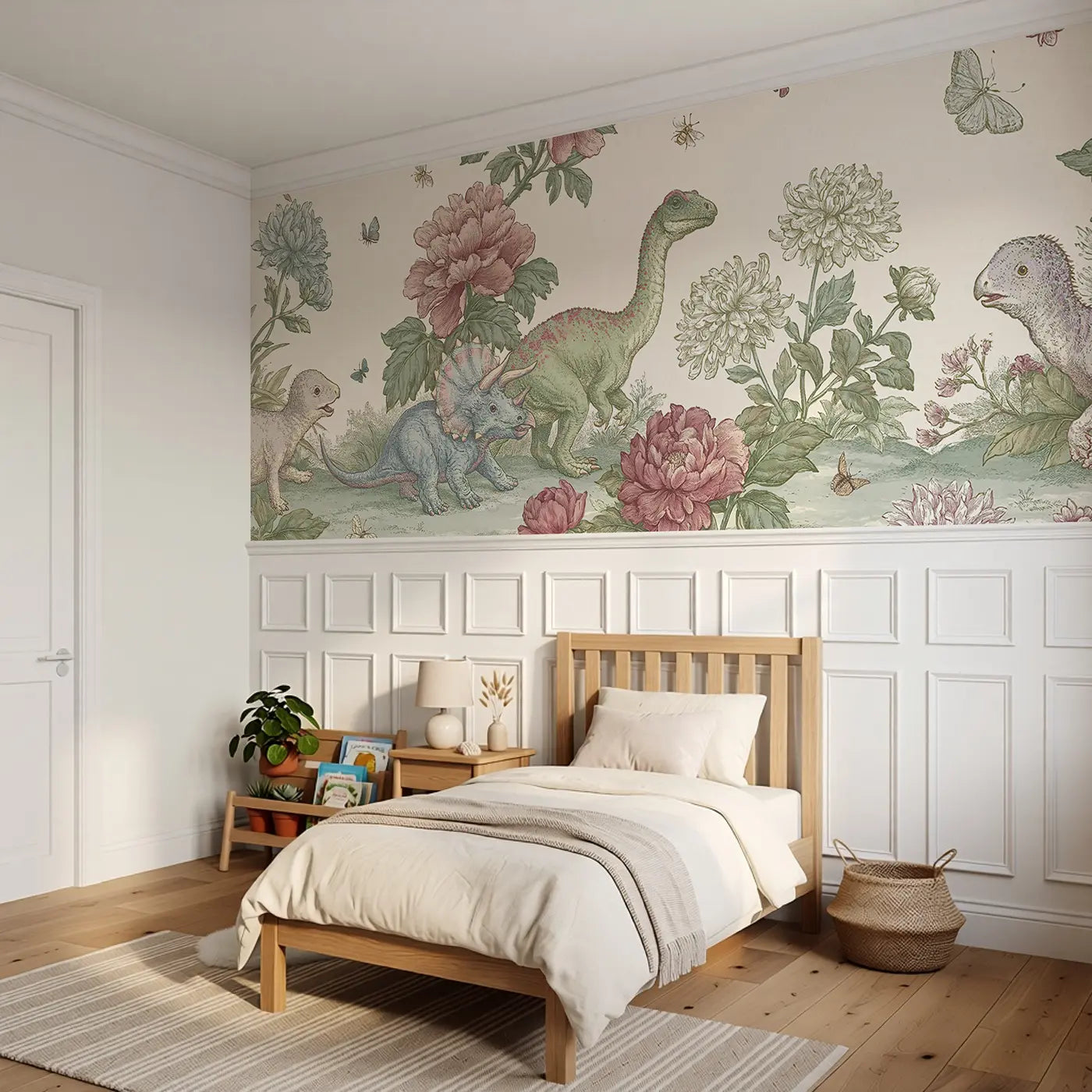 Baby Dinosaur Flower Garden Wainscoting Wallpaper styled in a kids bedroom by Whimsy Tots