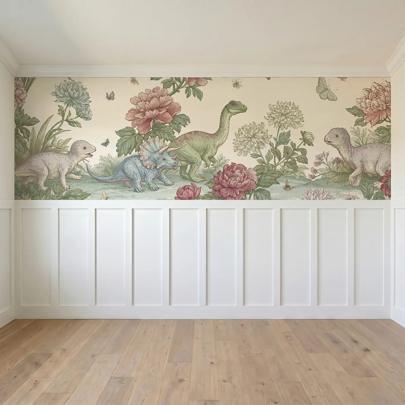 Full panel view of Baby Dinosaur Flower Garden Wainscoting Wallpaper by Whimsy Tots