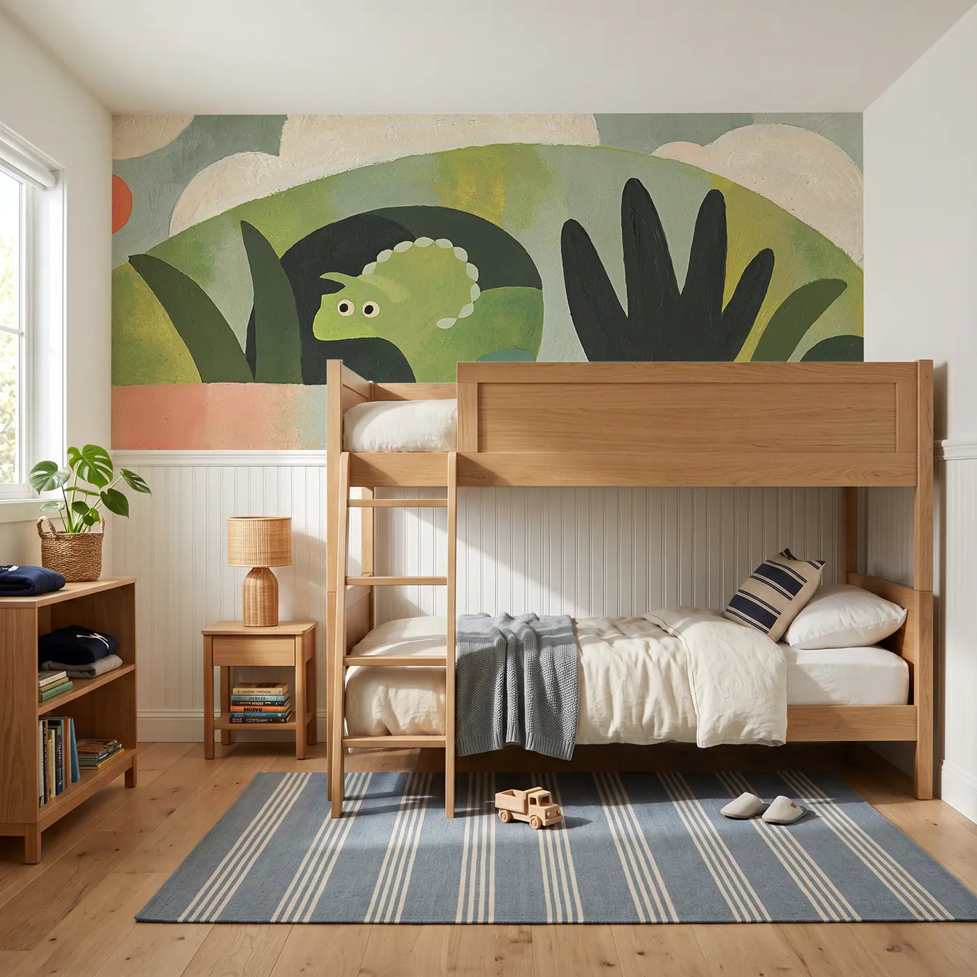 Modern Illustration dino cave scene wainscoting wallpaper for bedroom by Whimsy Tots.