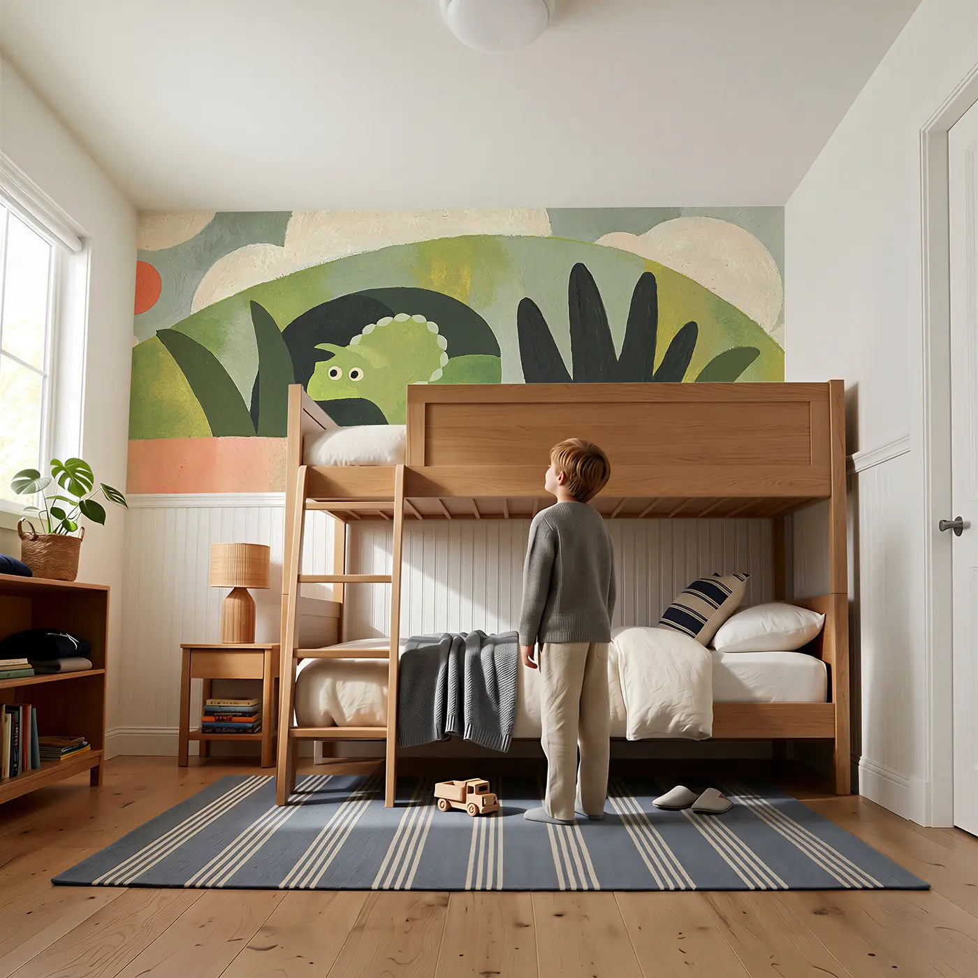 Child reading near Flat Dino Cave Scene Wainscoting Wallpaper by Whimsy Tots