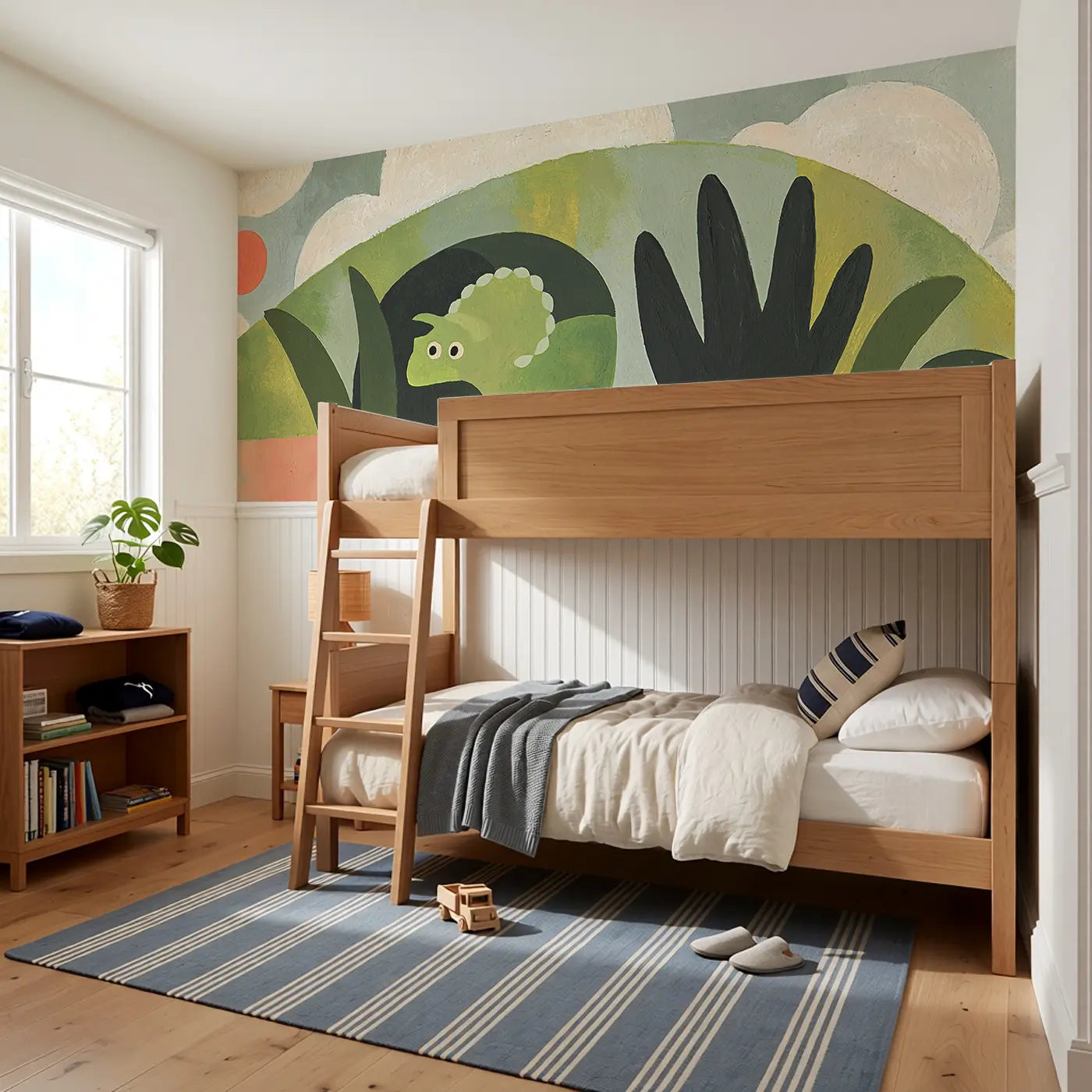 Flat Dino Cave Scene Wainscoting Wallpaper styled in a kids bedroom by Whimsy Tots