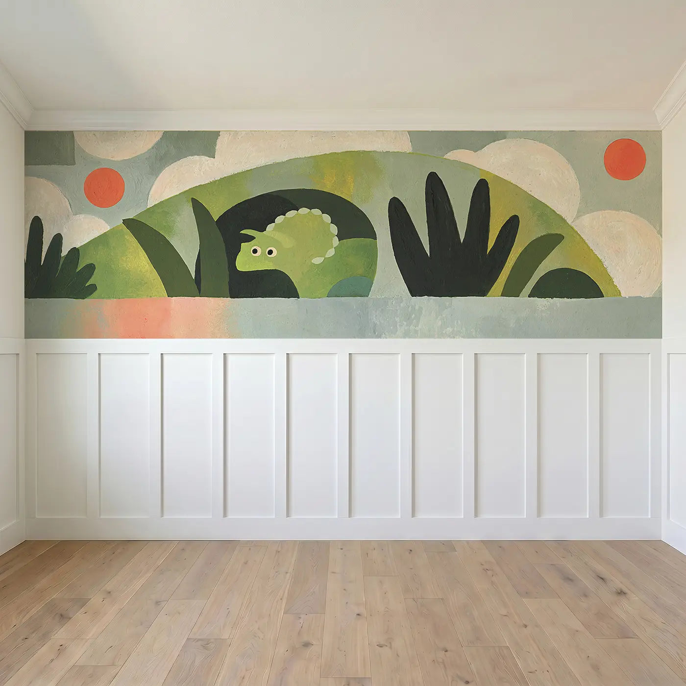 Full panel view of Flat Dino Cave Scene Wainscoting Wallpaper by Whimsy Tots