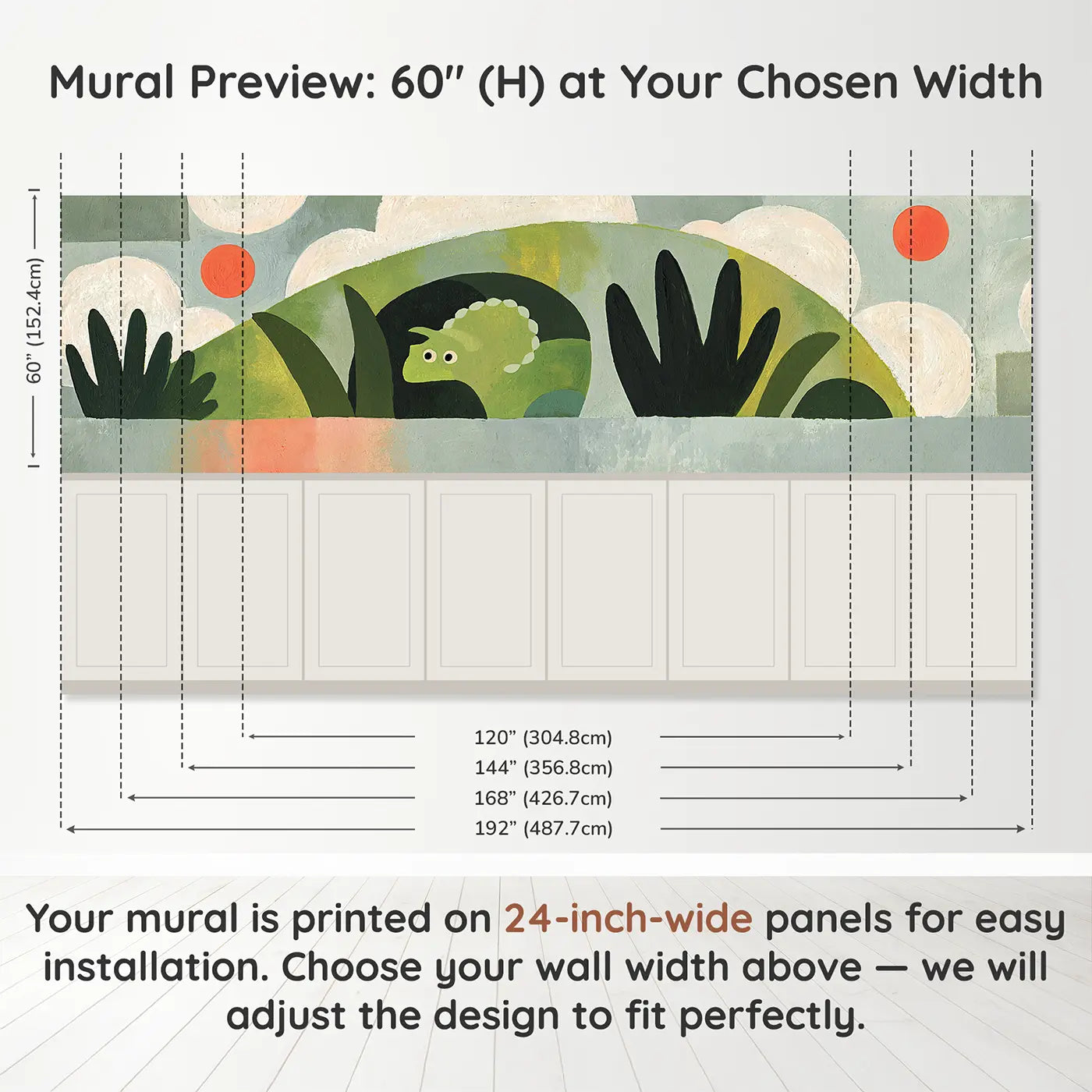 Panel dimensions for Flat Dino Cave Scene Wainscoting Wallpaper by Whimsy Tots