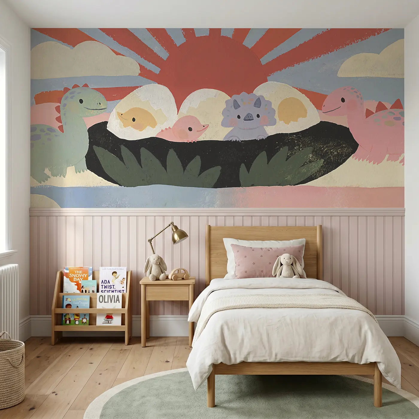 Modern Illustration baby dino hatch joy wainscoting wallpaper for nursery by Whimsy Tots.