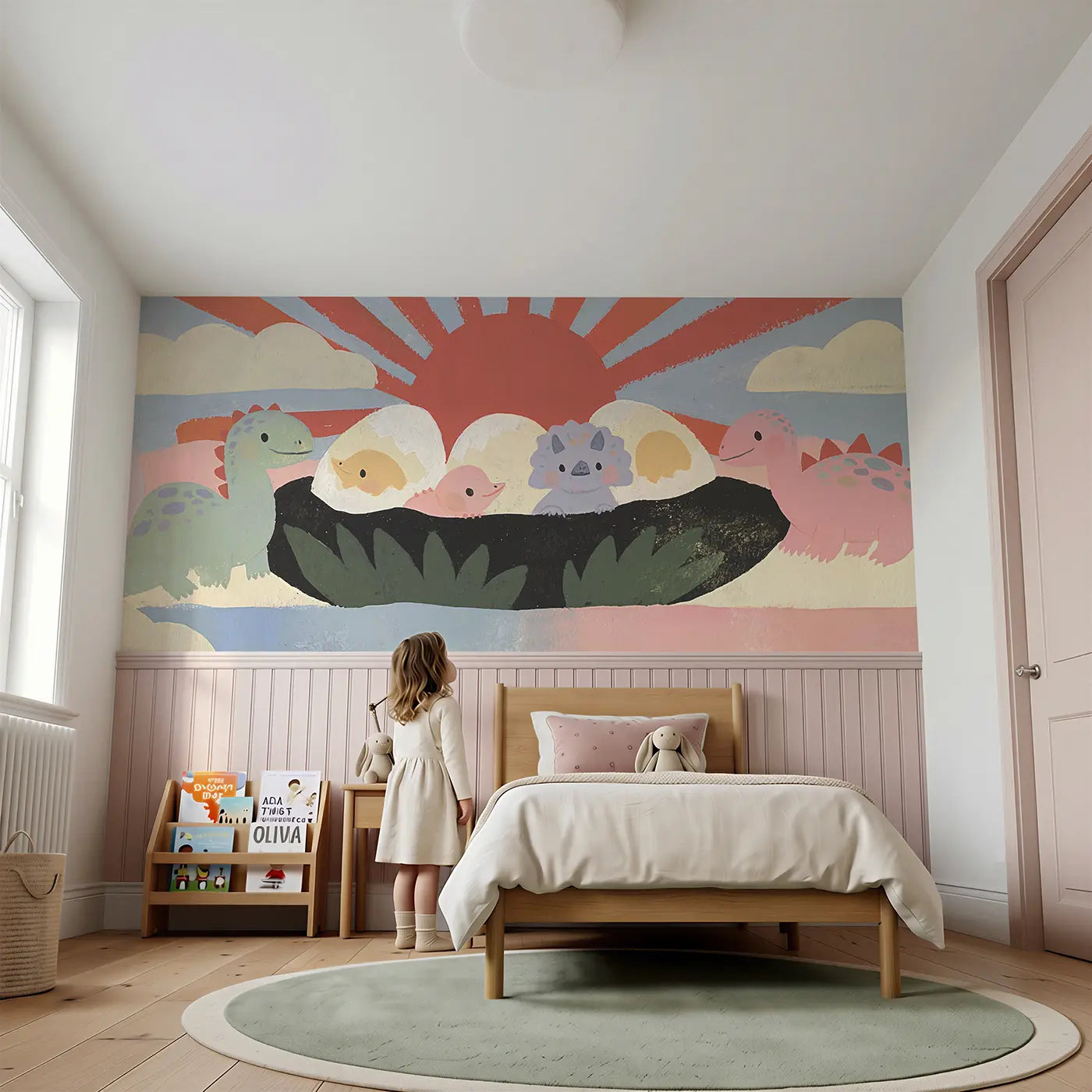 Child reading near Graphic Baby Dino Hatch Joy Wainscoting Wallpaper by Whimsy Tots