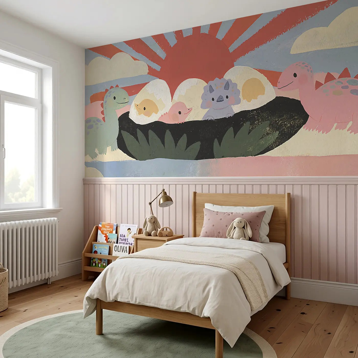 Graphic Baby Dino Hatch Joy Wainscoting Wallpaper styled in a kids bedroom by Whimsy Tots