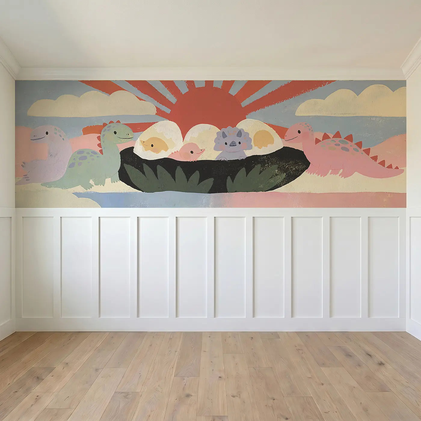 Full panel view of Graphic Baby Dino Hatch Joy Wainscoting Wallpaper by Whimsy Tots