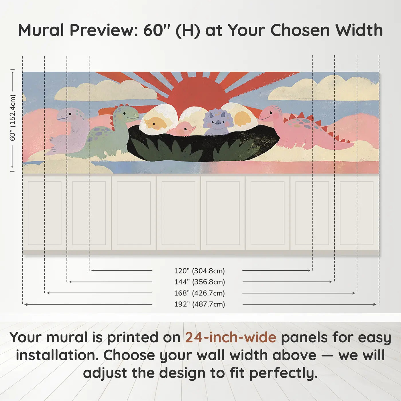 Panel dimensions for Graphic Baby Dino Hatch Joy Wainscoting Wallpaper by Whimsy Tots