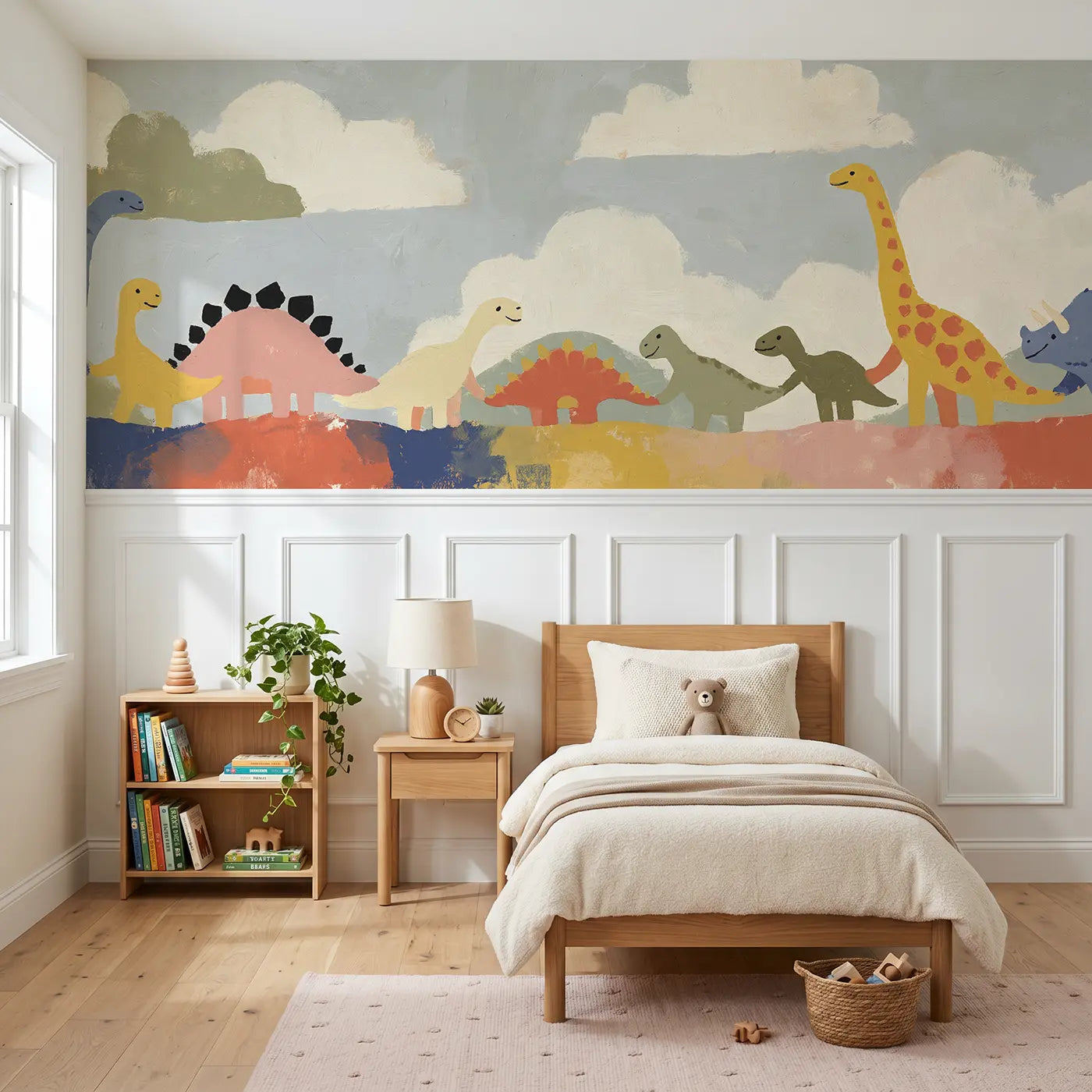 Modern Illustration dino friends row wainscoting wallpaper for bedroom by Whimsy Tots.