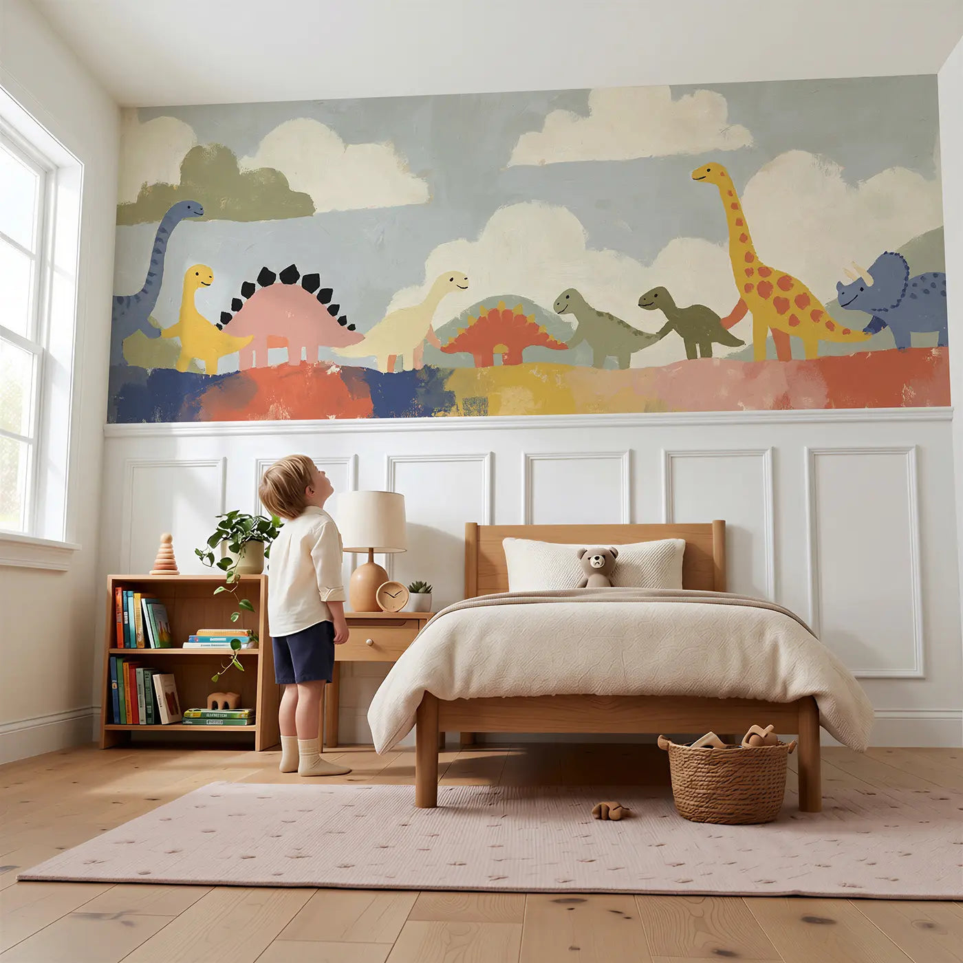 Child reading near Scandi Dino Friends Row Wainscoting Wallpaper by Whimsy Tots