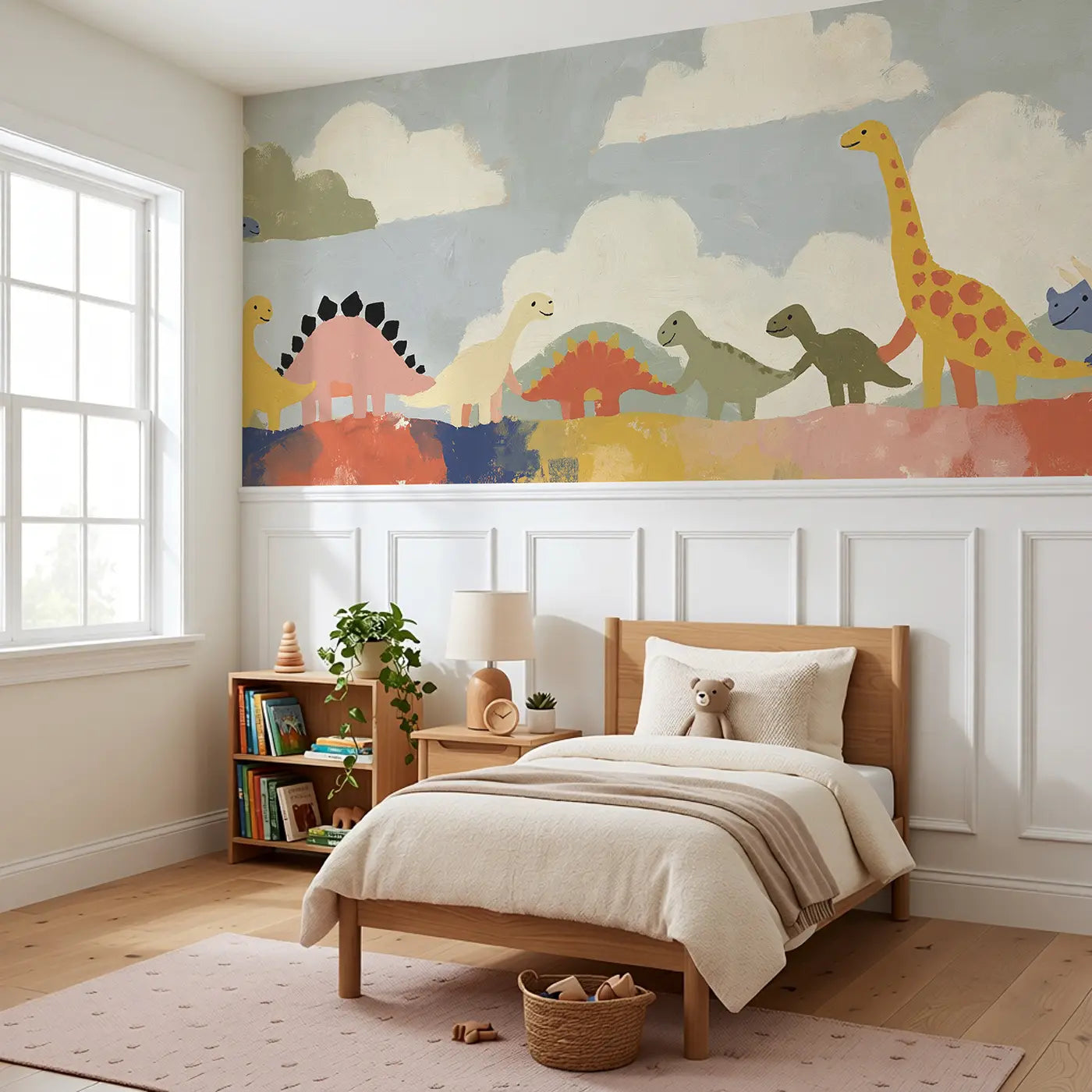 Scandi Dino Friends Row Wainscoting Wallpaper styled in a kids bedroom by Whimsy Tots