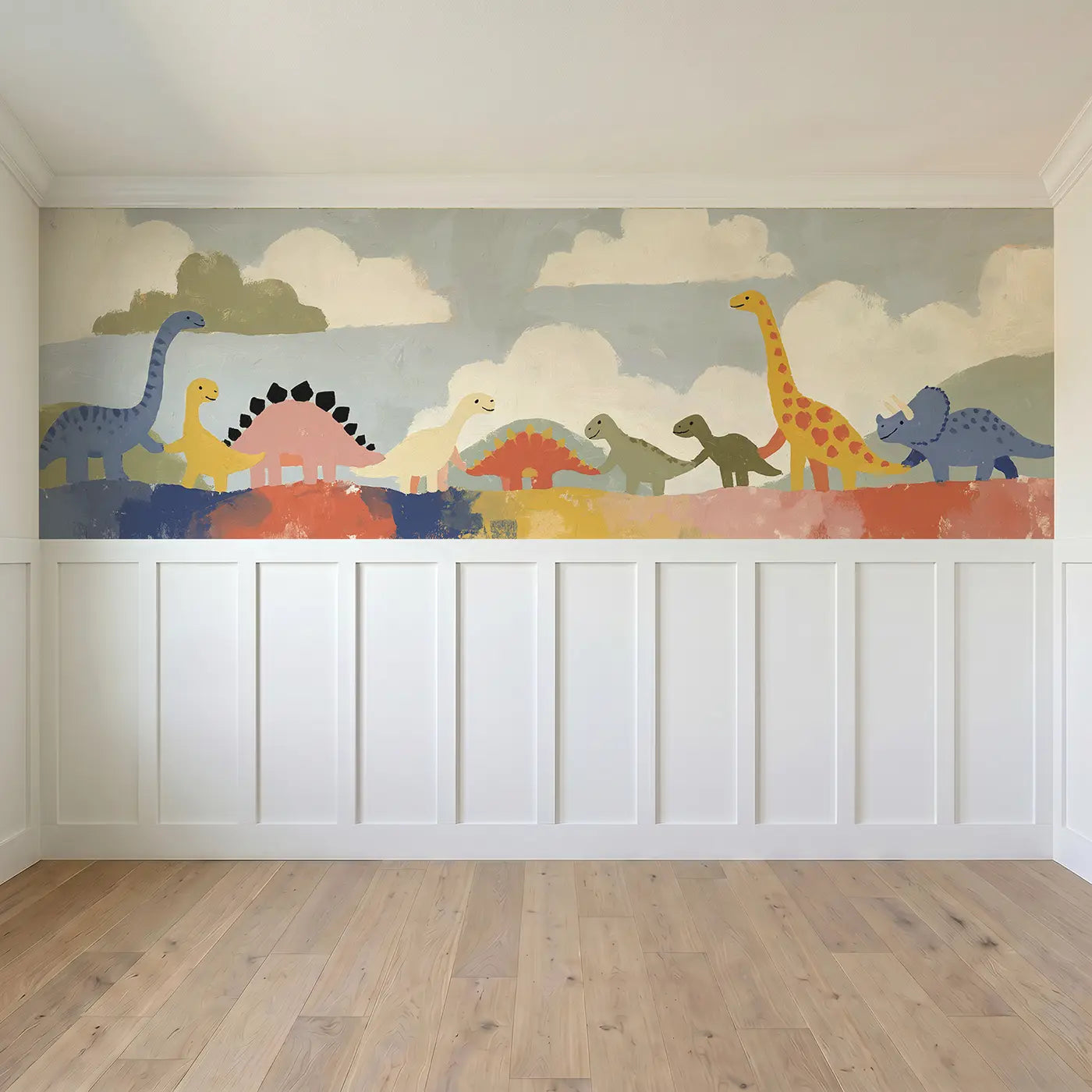 Full panel view of Scandi Dino Friends Row Wainscoting Wallpaper by Whimsy Tots