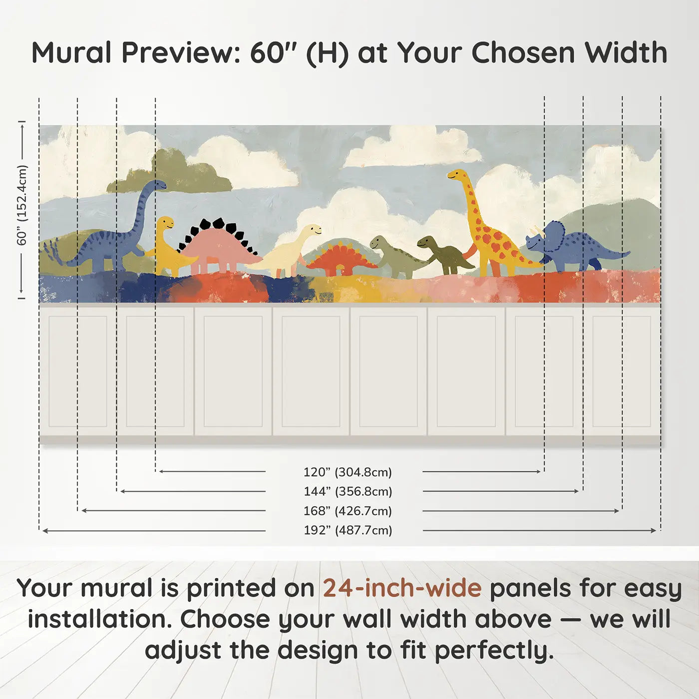 Panel dimensions for Scandi Dino Friends Row Wainscoting Wallpaper by Whimsy Tots