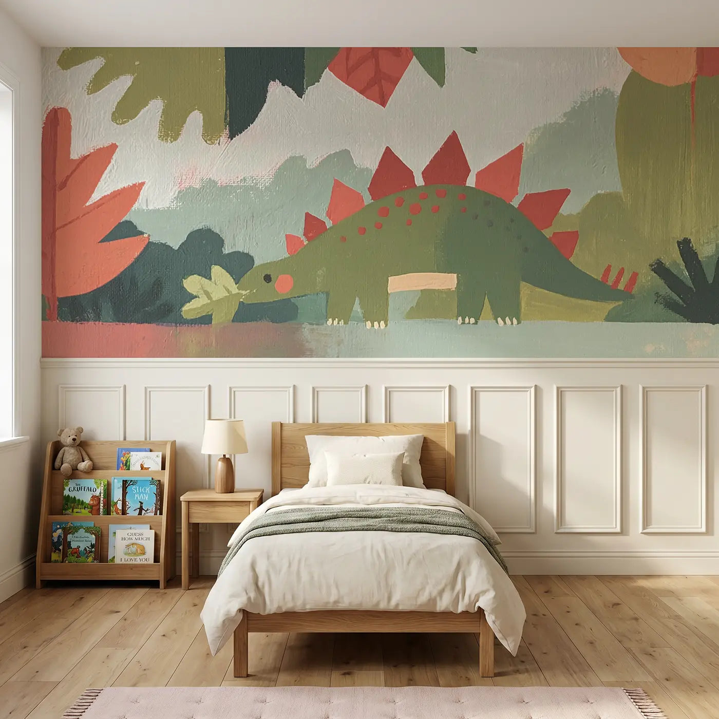 Modern Illustration stegosaurus leaf chew wainscoting wallpaper for bedroom by Whimsy Tots.