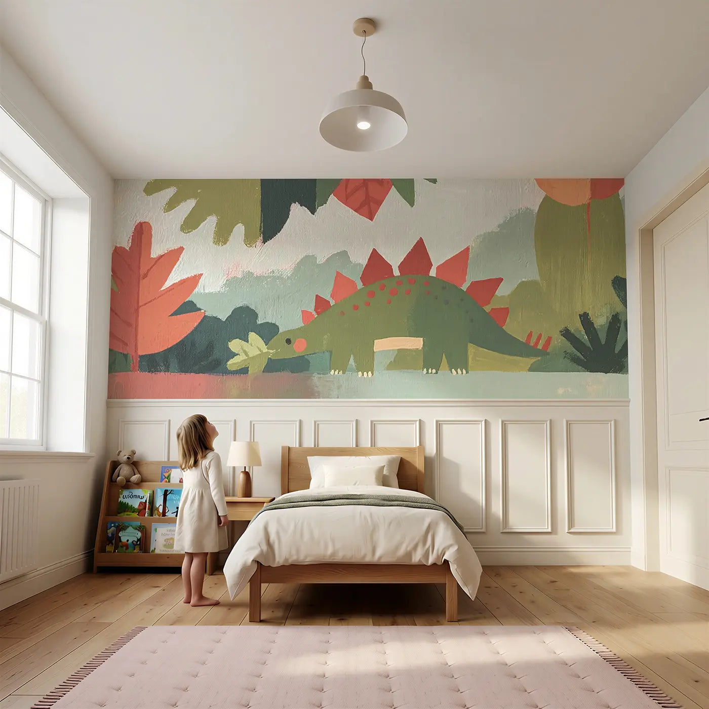 Child reading near Bold Stegosaurus Leaf Chew Wainscoting Wallpaper by Whimsy Tots
