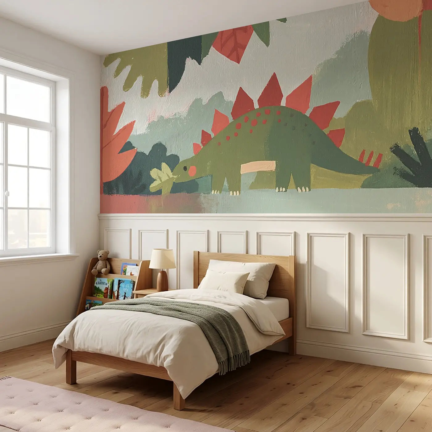 Bold Stegosaurus Leaf Chew Wainscoting Wallpaper styled in a kids bedroom by Whimsy Tots
