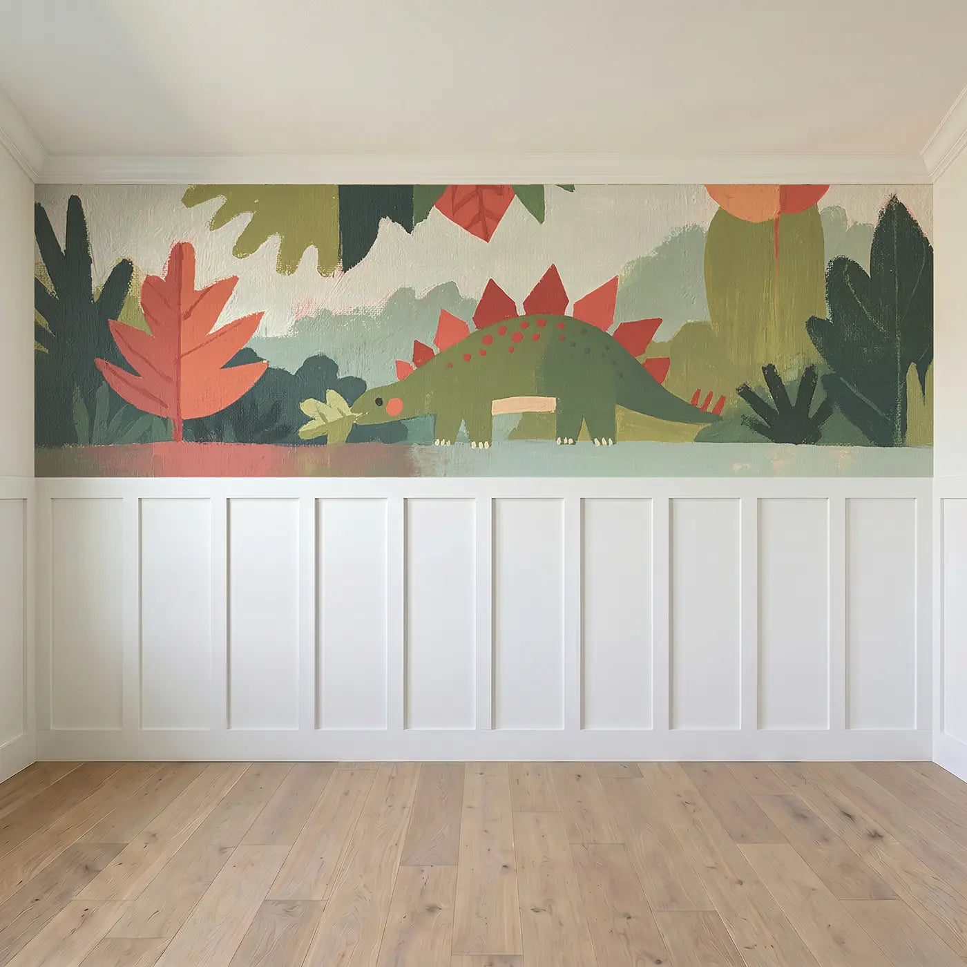 Full panel view of Bold Stegosaurus Leaf Chew Wainscoting Wallpaper by Whimsy Tots