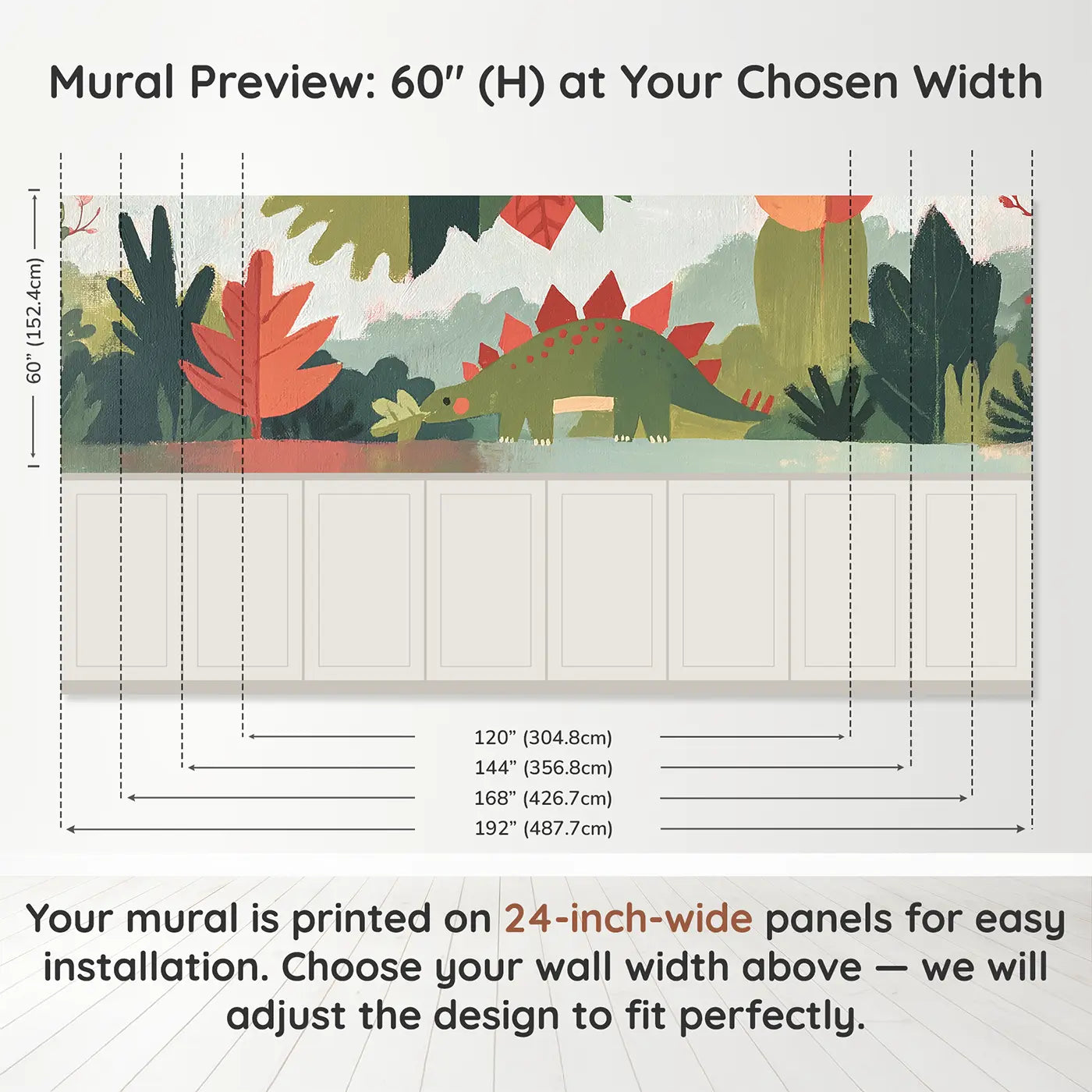 Panel dimensions for Bold Stegosaurus Leaf Chew Wainscoting Wallpaper by Whimsy Tots