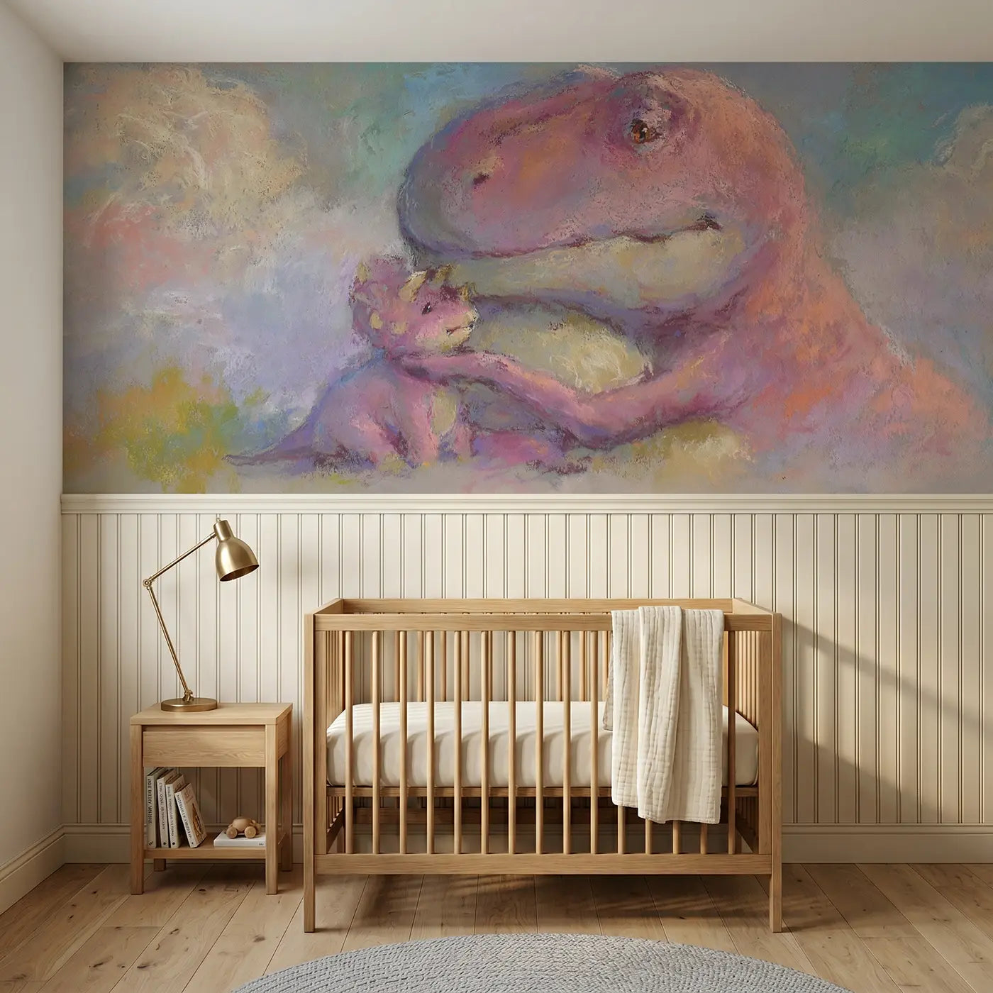 Soft Pastel T-Rex hug tiny friend wainscoting wallpaper for nursery by Whimsy Tots.
