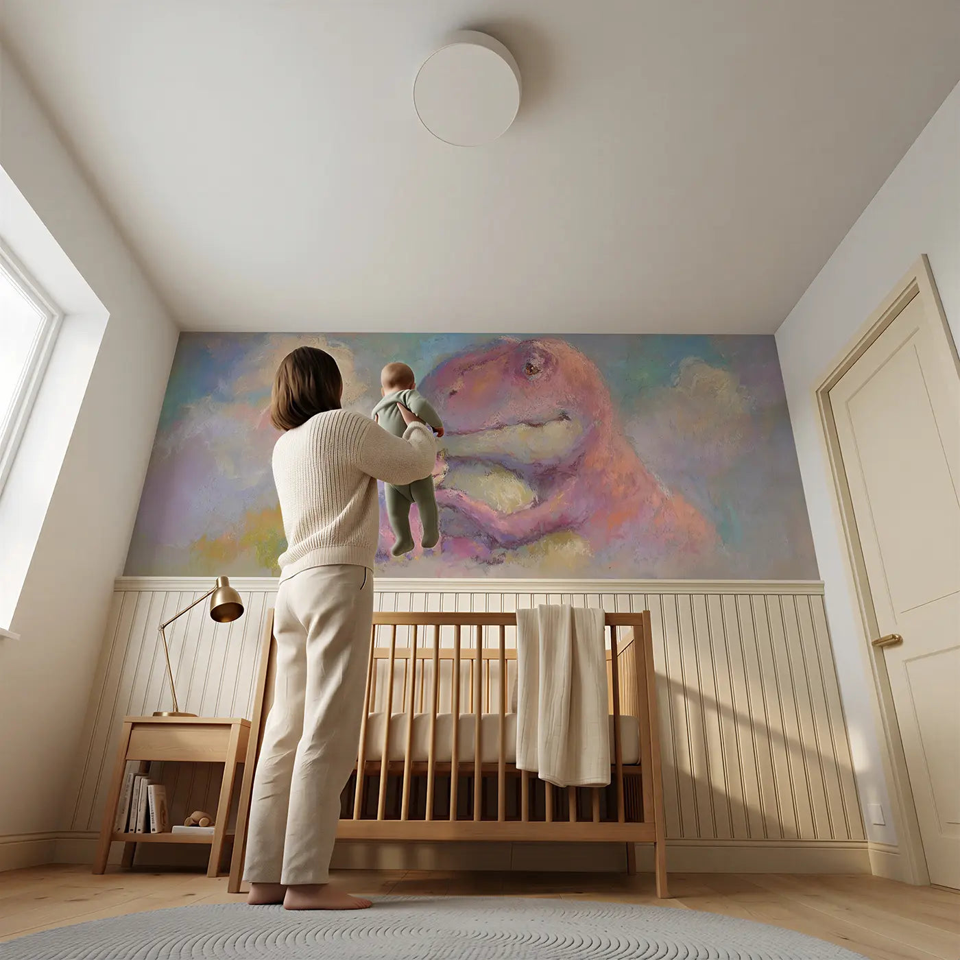 Child reading near Chalk T-Rex Hug Tiny Friend Wainscoting Wallpaper by Whimsy Tots