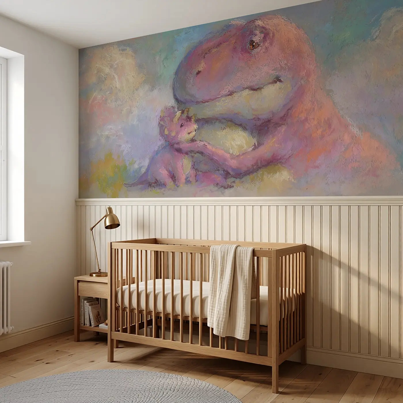 Chalk T-Rex Hug Tiny Friend Wainscoting Wallpaper styled in a kids bedroom by Whimsy Tots