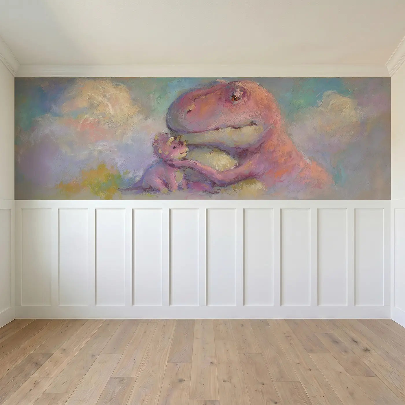 Full panel view of Chalk T-Rex Hug Tiny Friend Wainscoting Wallpaper by Whimsy Tots