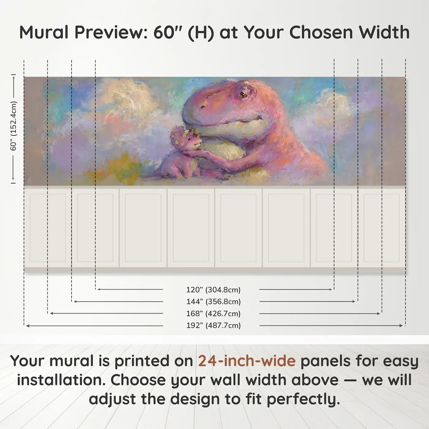 Panel dimensions for Chalk T-Rex Hug Tiny Friend Wainscoting Wallpaper by Whimsy Tots